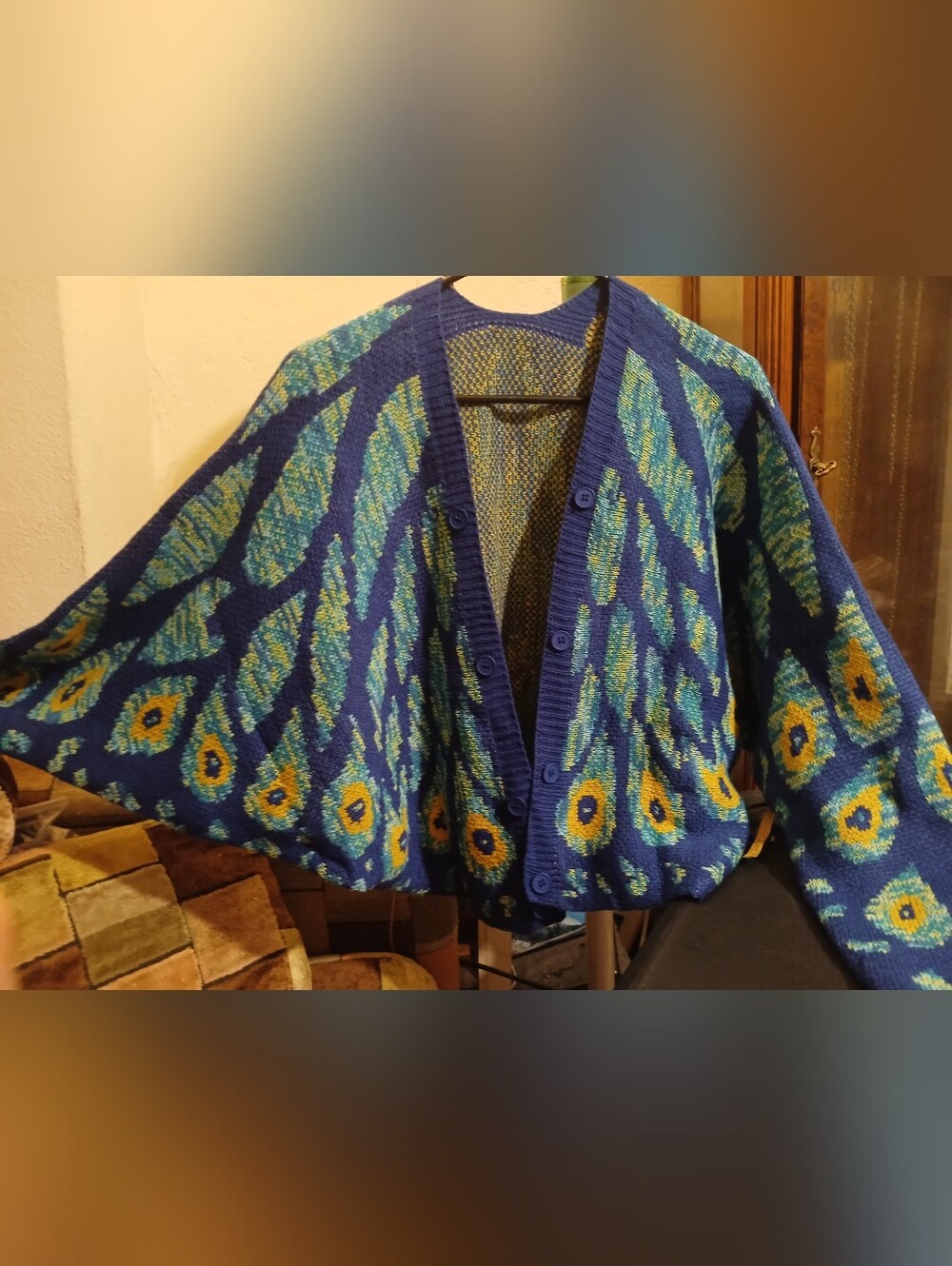 Blue Peacock Feather Pattern Button Up Cardigan Sweater XL